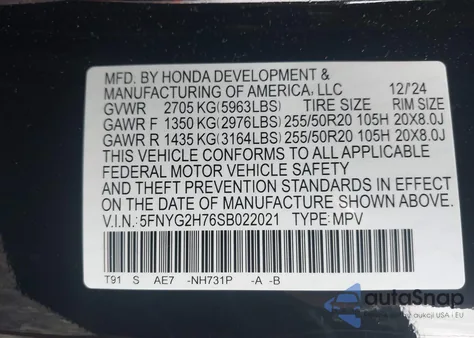 2025 Honda Pilot Touring from USA, damaged, VIN 5FNYG2H76SB022021